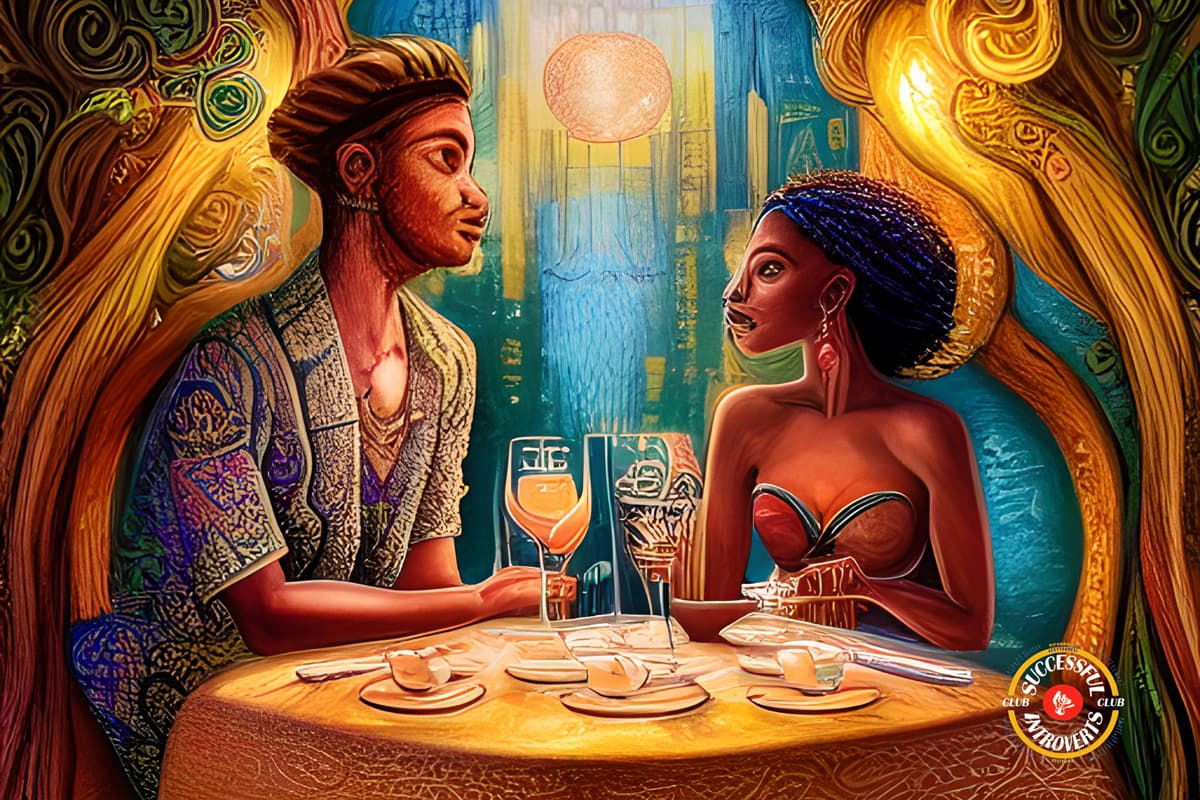 drawing of an introverted couple having dinner on the first date
