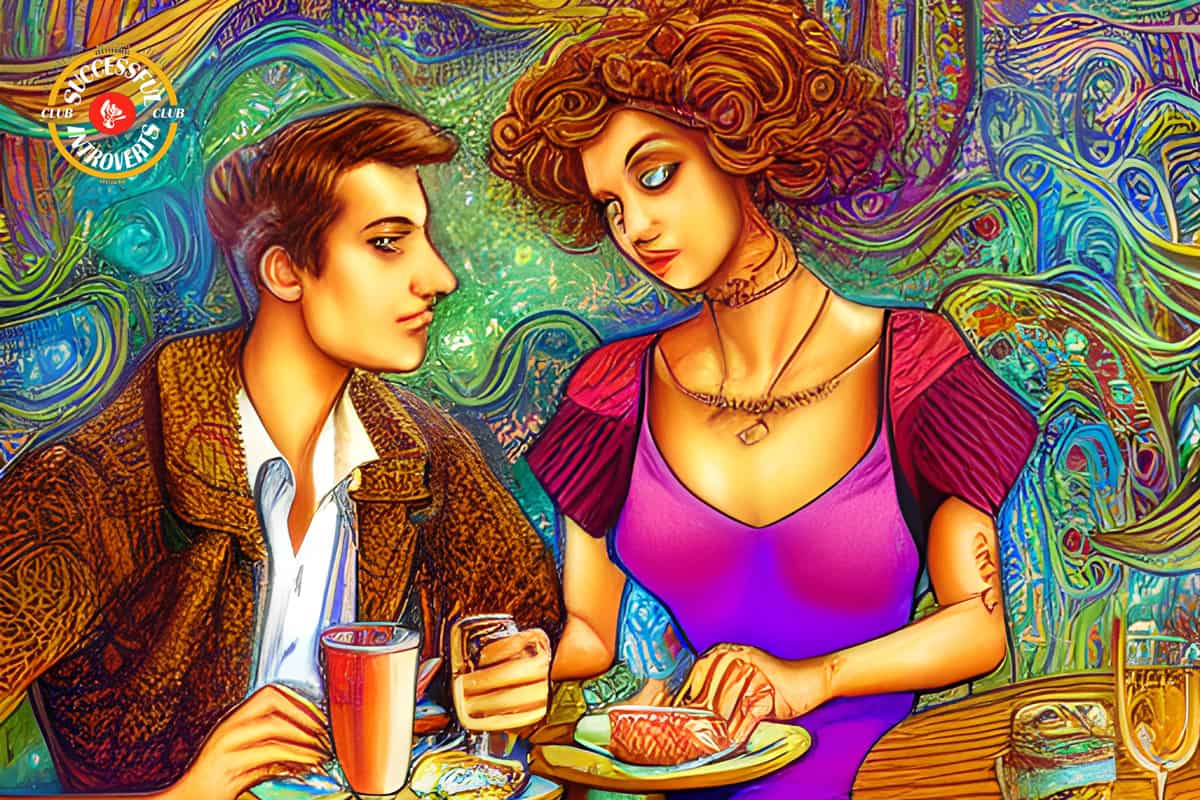 drawing of introverted couple having luch on a date